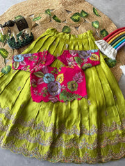 Kids Rainbow Work Designer Lehenga - Pink & Parrot