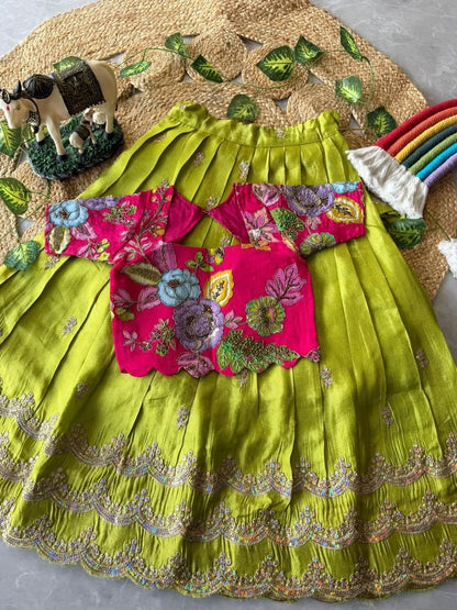 Kids Rainbow Work Designer Lehenga - Pink & Parrot