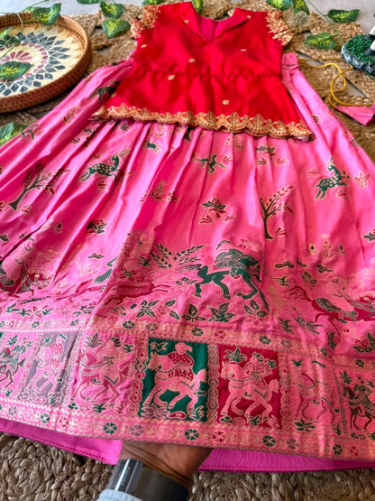 Kids Jungle Theme Position Jacquard Lehenga - Red-Pink