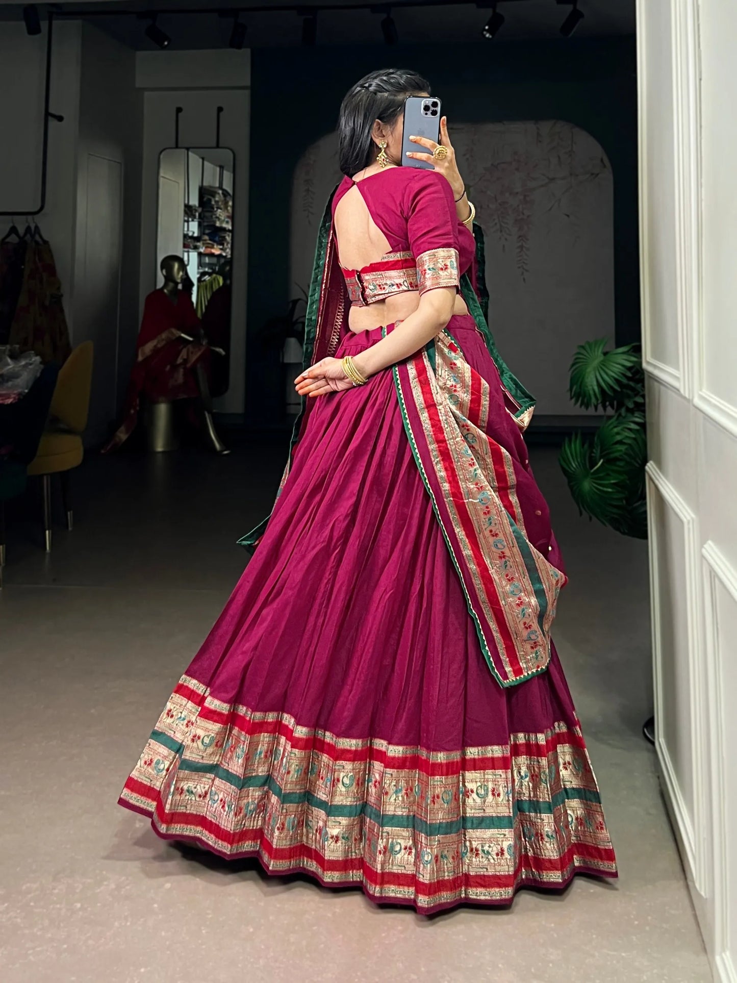 Soft Pure Chanderi Gotta Patti Lace Paithani Lehenga Choli - Majenta Pink