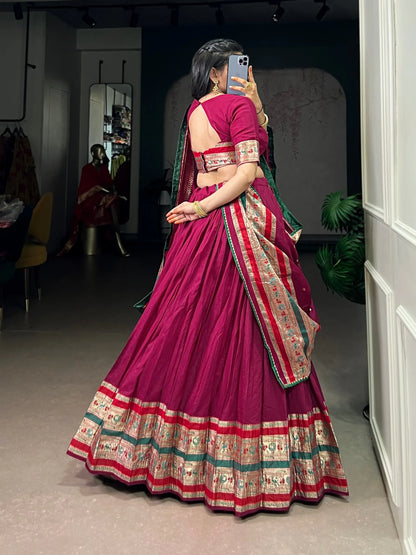 Soft Pure Chanderi Gotta Patti Lace Paithani Lehenga Choli - Majenta Pink