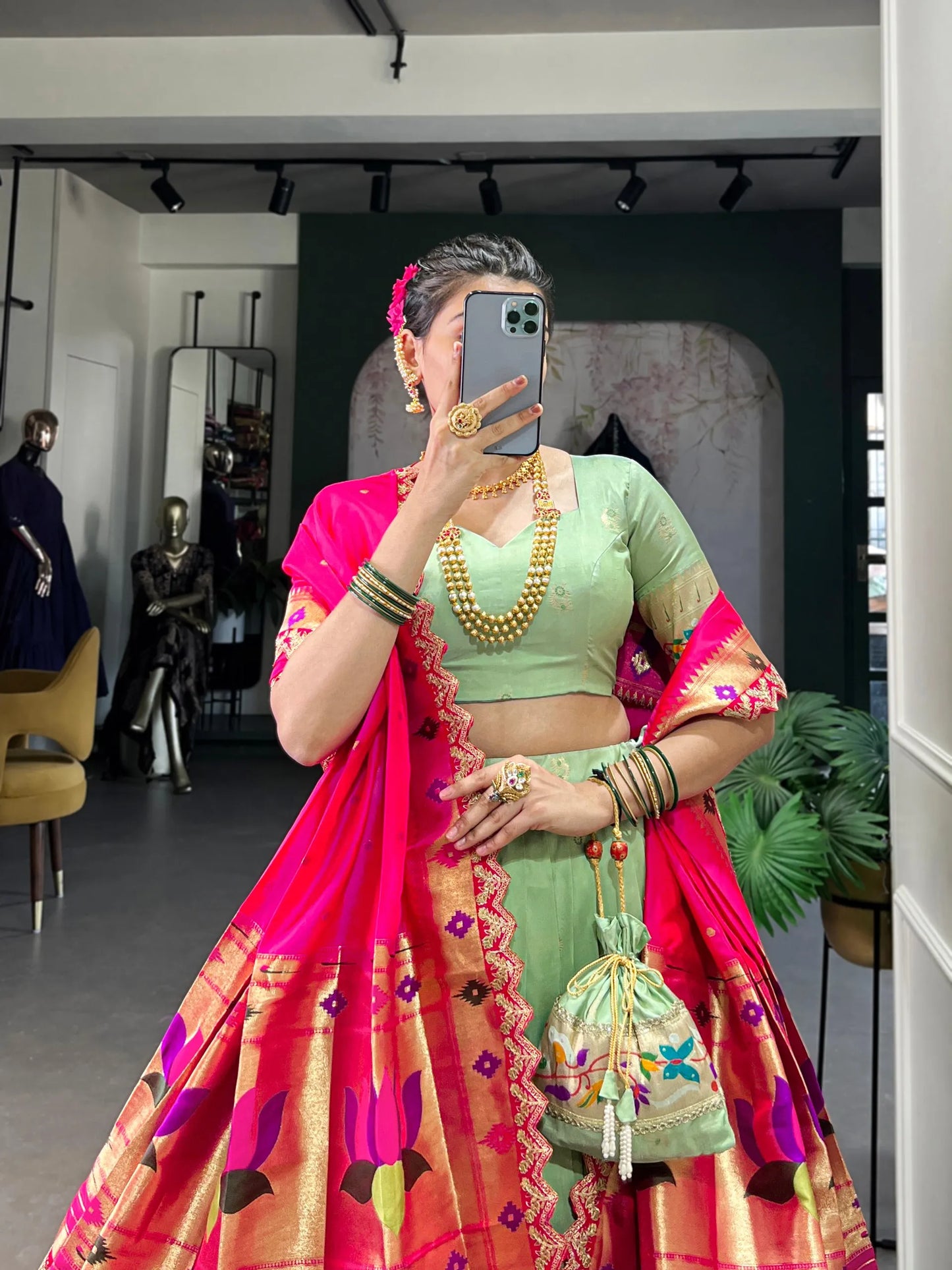 Maharashtrian Wedding Paithani Lehenga Choli - Pista