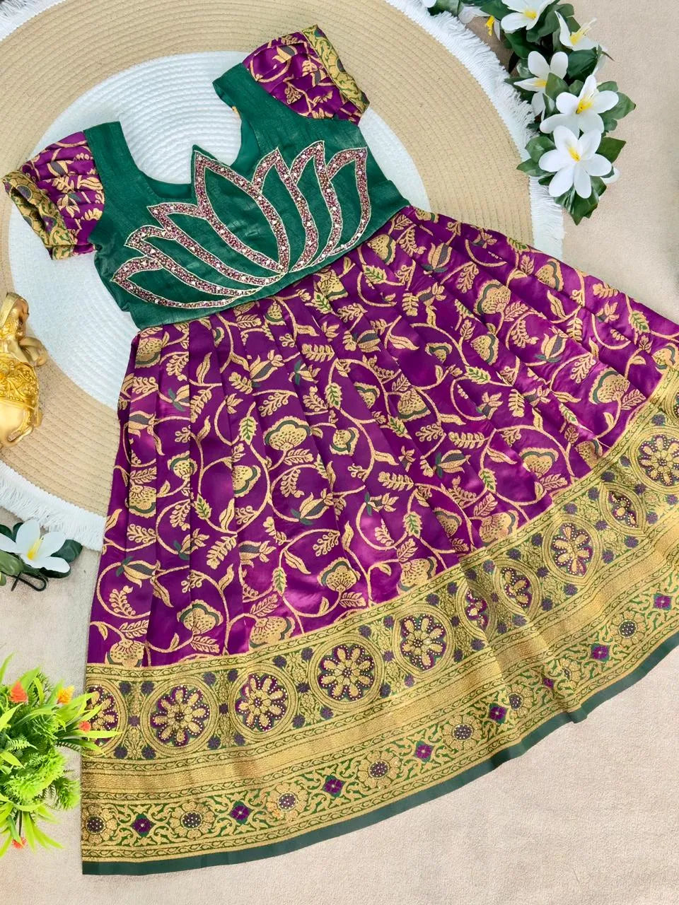 Jaquard Silk Lotus Maggam Work Gown/Frock - Green & Purple