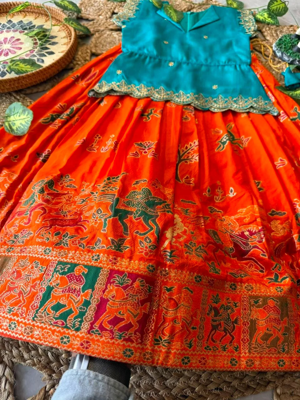 Kids Jungle Theme Position Jacquard Lehenga - Sky-Orange