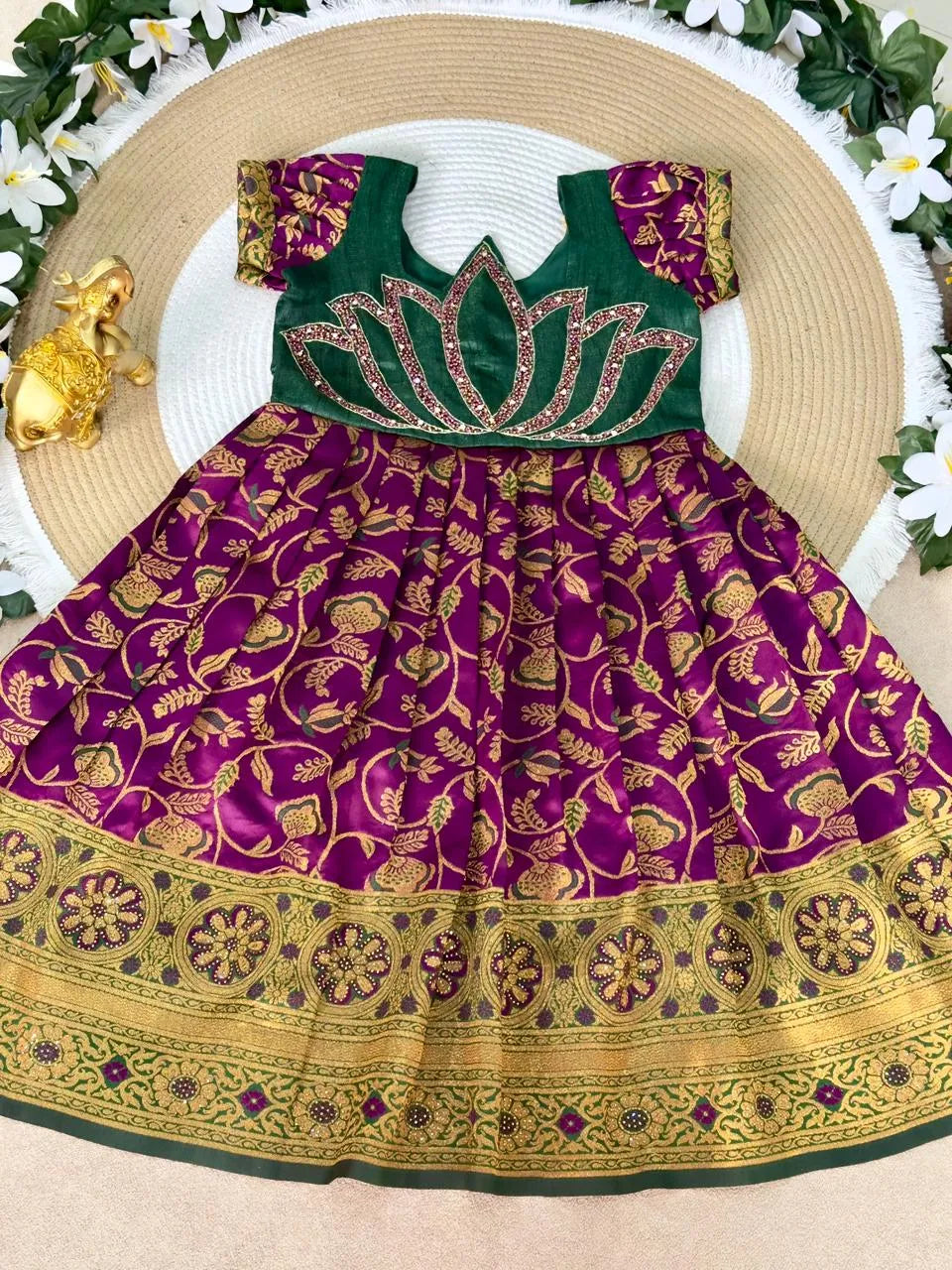 Jaquard Silk Lotus Maggam Work Gown/Frock - Green & Purple
