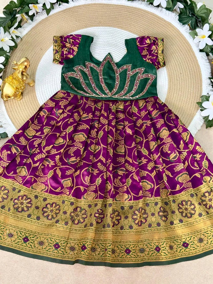 Jaquard Silk Lotus Maggam Work Gown/Frock - Green & Purple