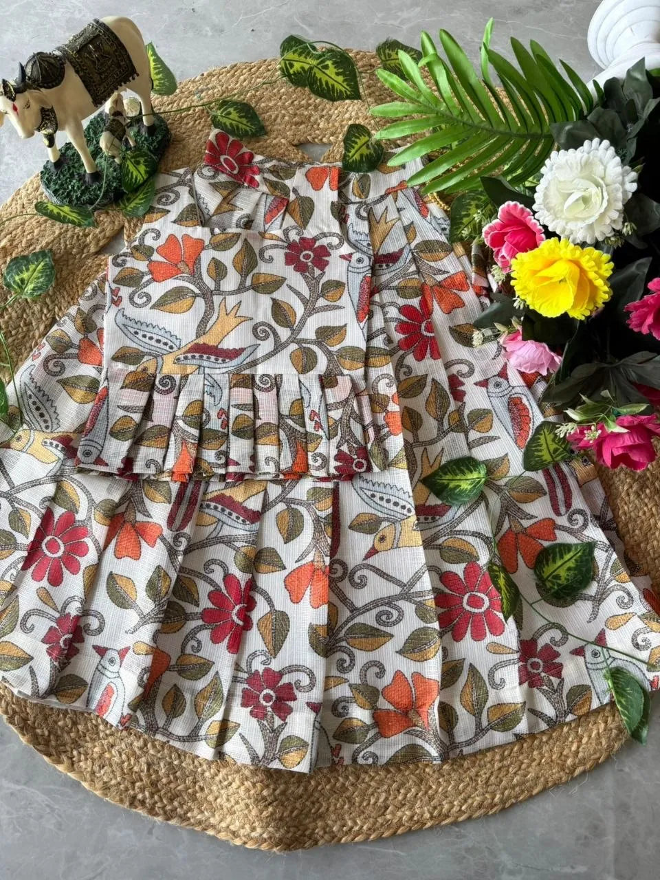 Kota Chex Kids Kalamkari Lehenga - White