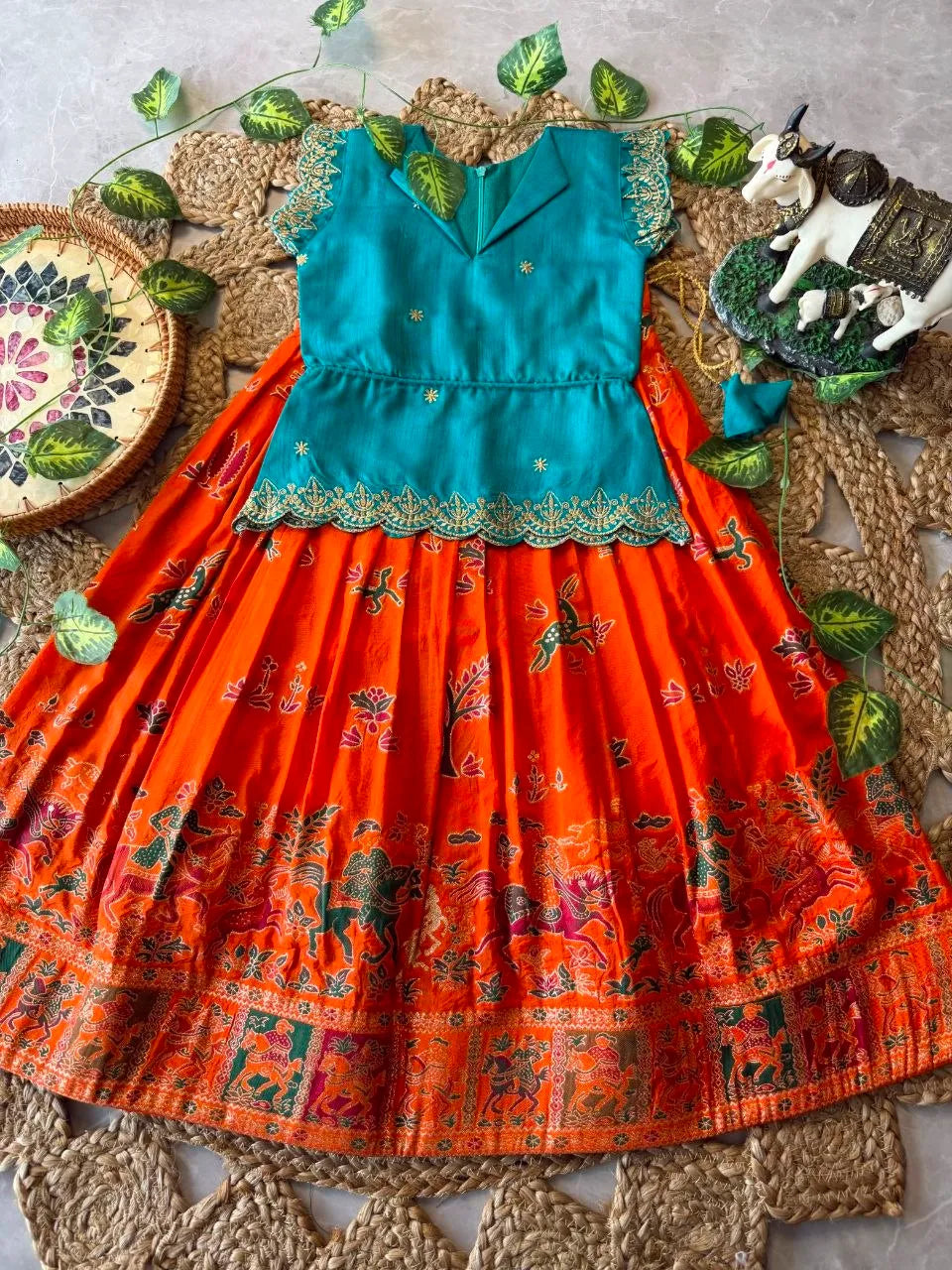 Kids Jungle Theme Position Jacquard Lehenga - Sky-Orange