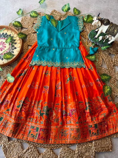 Kids Jungle Theme Position Jacquard Lehenga - Sky-Orange