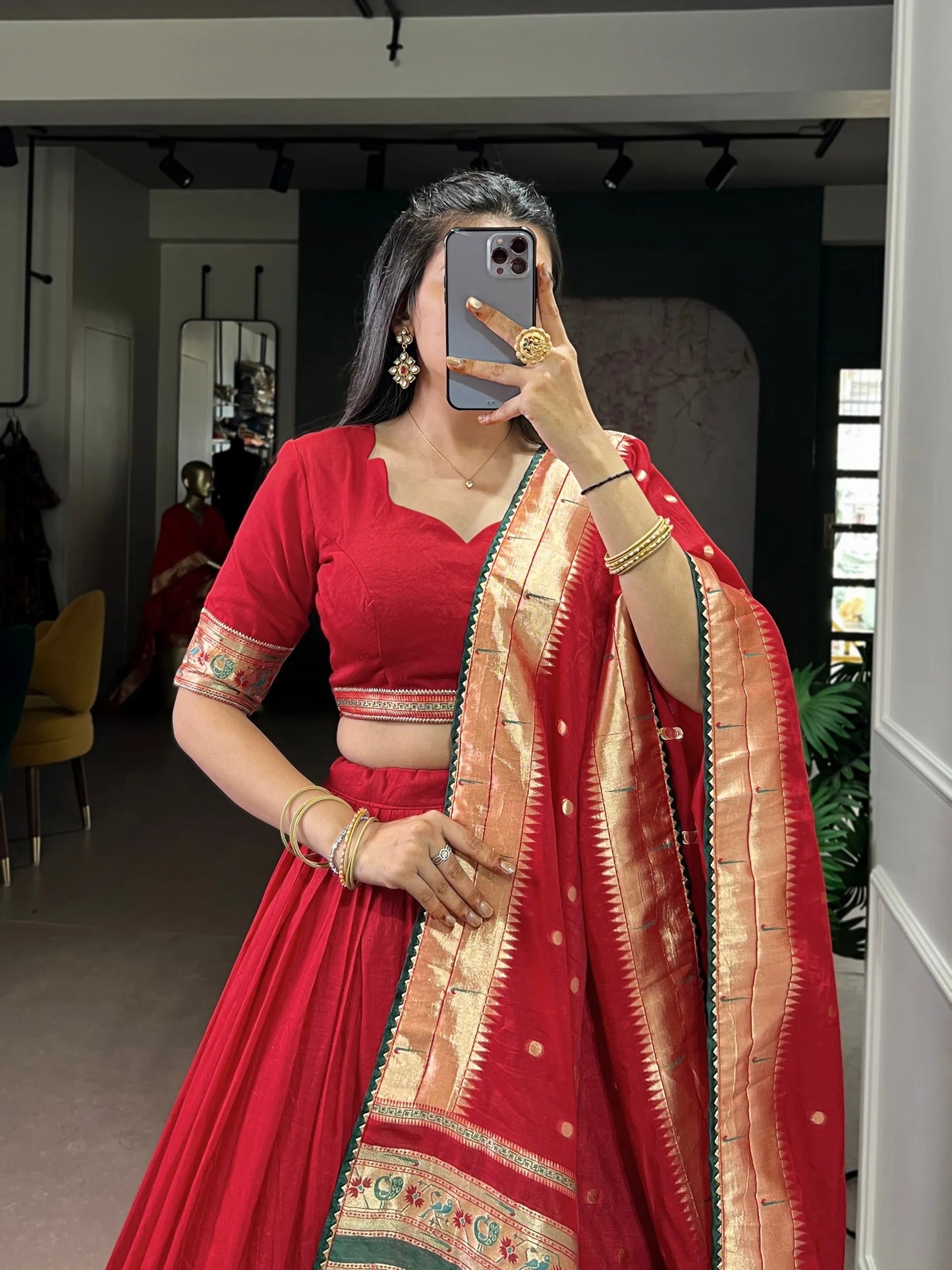 Soft Pure Chanderi Gotta Patti Lace Paithani Lehenga Choli - Red