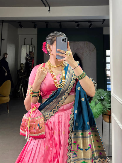 Maharashtrian Wedding Paithani Lehenga Choli - Light Pink