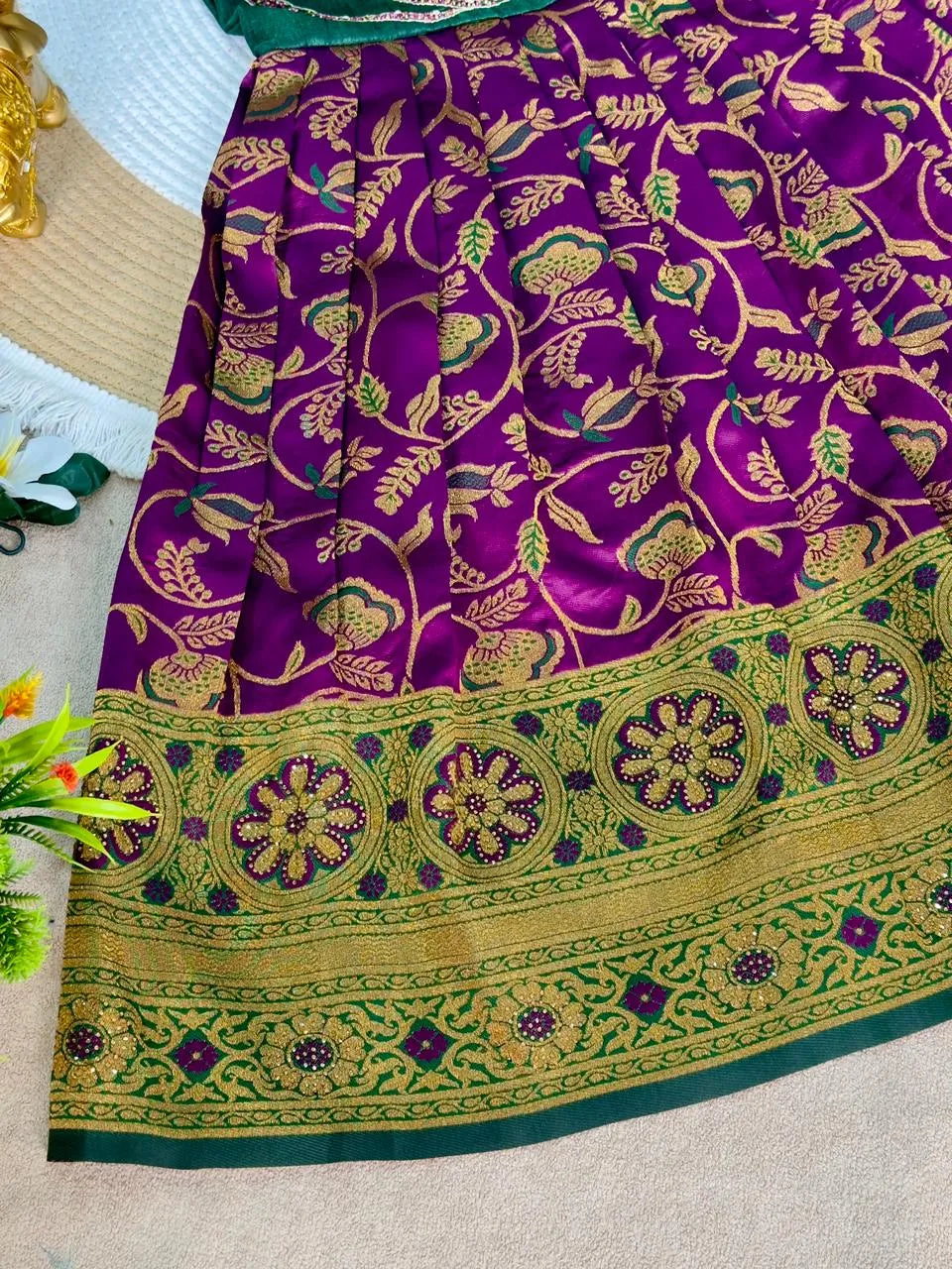 Jaquard Silk Lotus Maggam Work Gown/Frock - Green & Purple