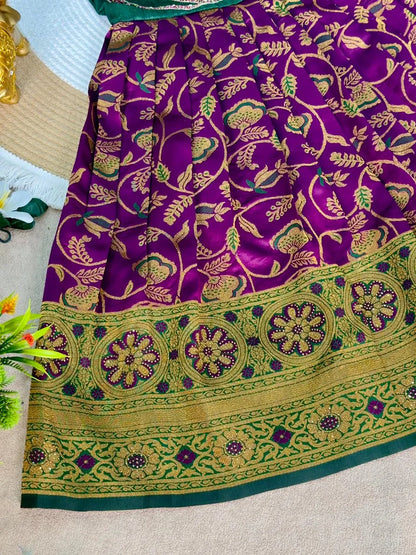 Jaquard Silk Lotus Maggam Work Gown/Frock - Green & Purple