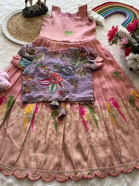 Parrot Design Floral Kids Gown with Coat - Baby Pink