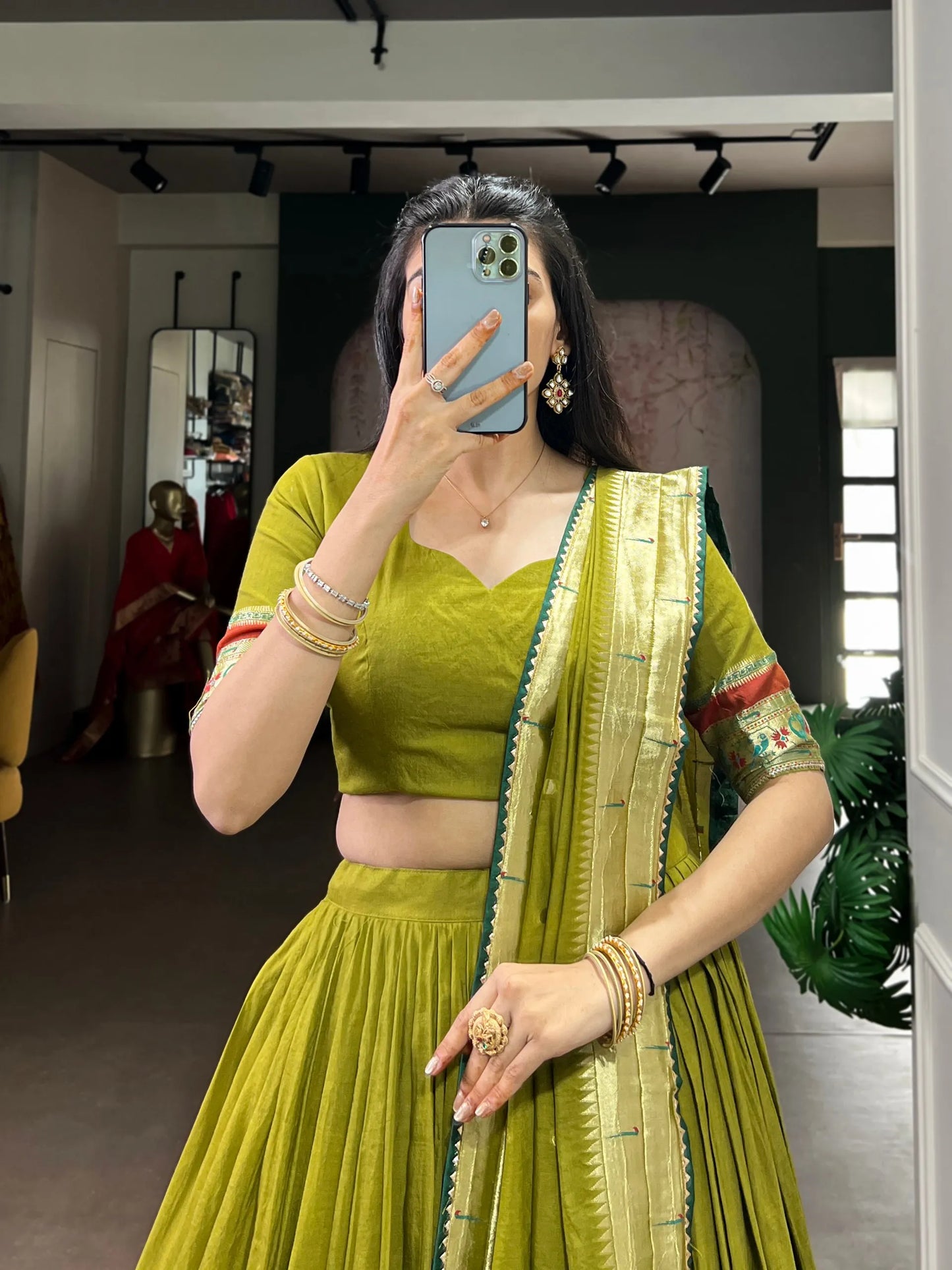 Soft Pure Chanderi Gotta Patti Lace Paithani Lehenga Choli - Mahendi