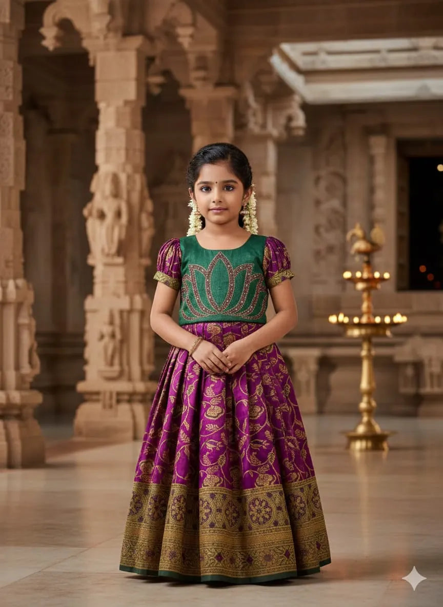 Jaquard Silk Lotus Maggam Work Gown/Frock - Green & Purple