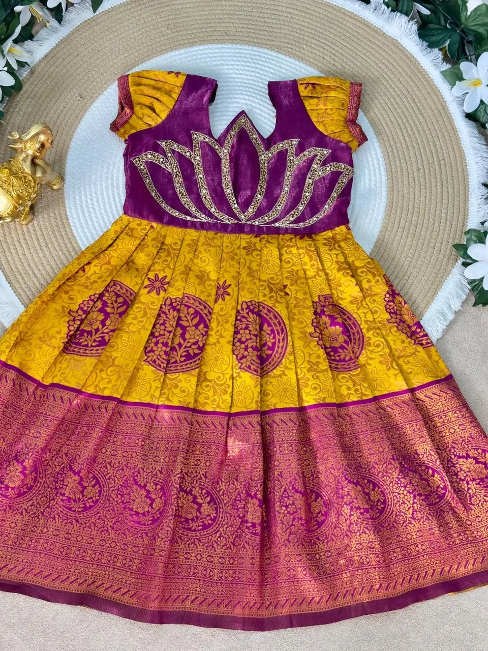 Jaquard Silk Lotus Maggam Work Gown/Frock - Purple & Yellow