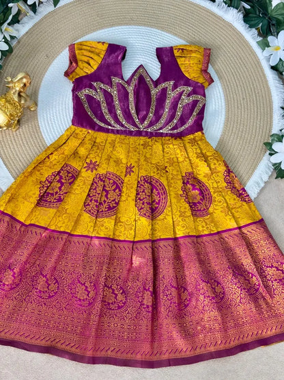 Jaquard Silk Lotus Maggam Work Gown/Frock - Purple & Yellow