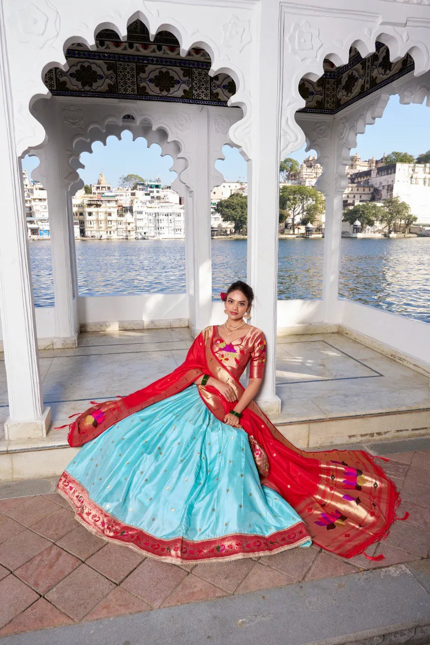 Traditional Paithani Lehenga with Dupatta & Batwa - Sky-Blue