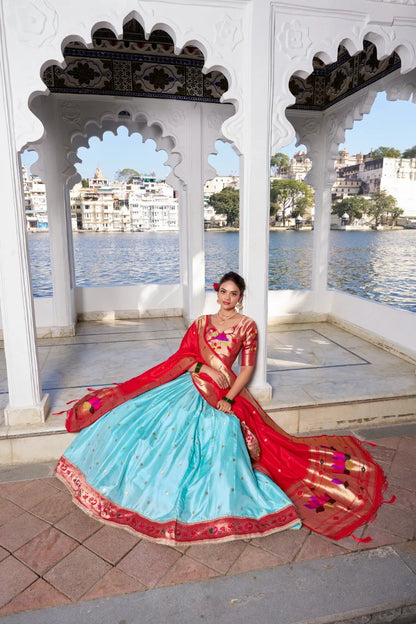 Traditional Paithani Lehenga with Dupatta & Batwa - Sky-Blue