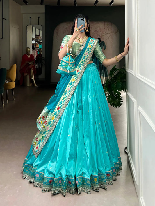 Soft Silk Paithani Embroidery Thread Work Lehenga Choli - Sky Blue