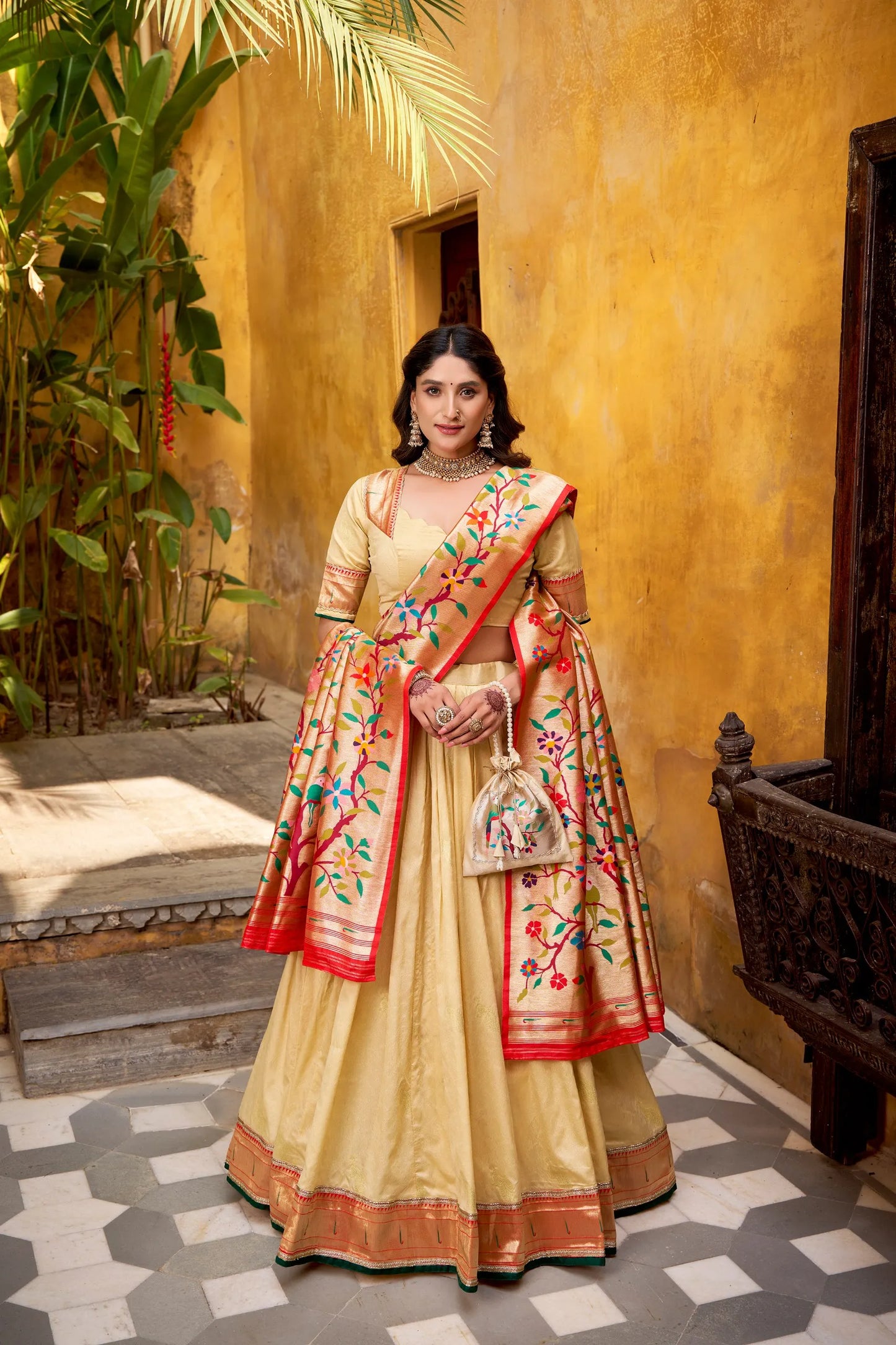 Traditional Maharashtrian Paithani Lehenga Choli for Wedding - Cream
