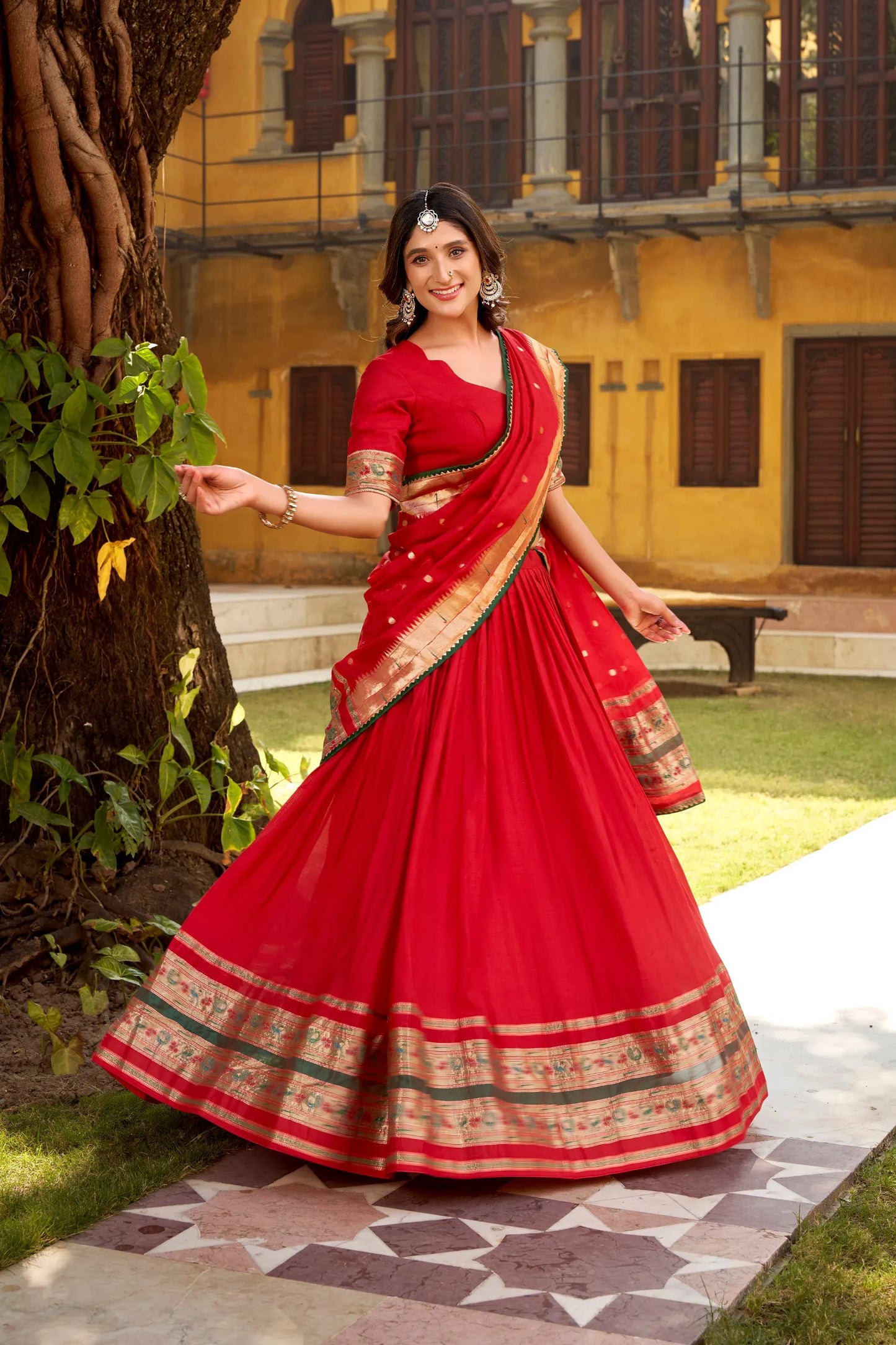 Soft Pure Chanderi Gotta Patti Lace Paithani Lehenga Choli - Red