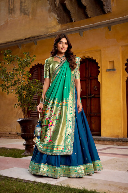 Soft Silk Paithani Embroidery Thread Work Lehenga Choli - Navy Blue