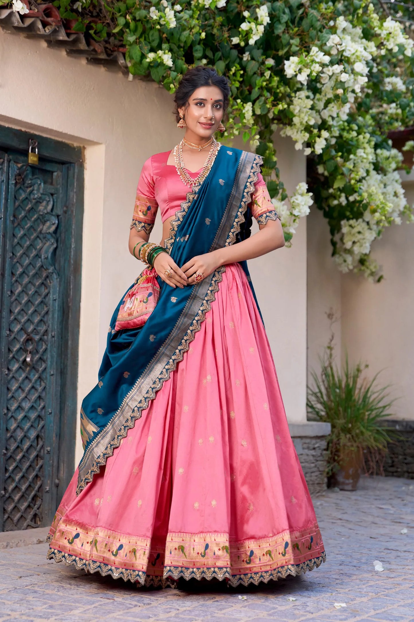 Maharashtrian Wedding Paithani Lehenga Choli - Light Pink