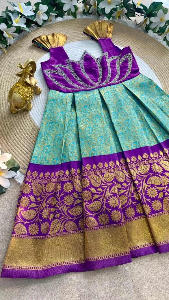 Jaquard Silk Lotus Maggam Work Gown/Frock - Purple & Sky