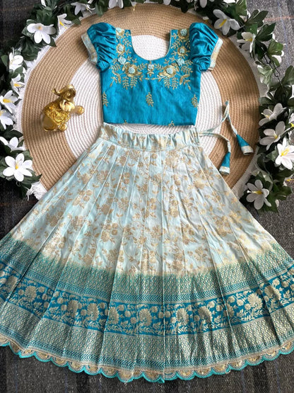 Viscose Silk Maggam Work Kids Lehenga-choli - Sky