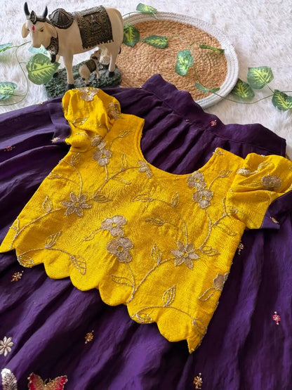 Kids Elephant Bloom Garden Lehenga Choli Set - Purple