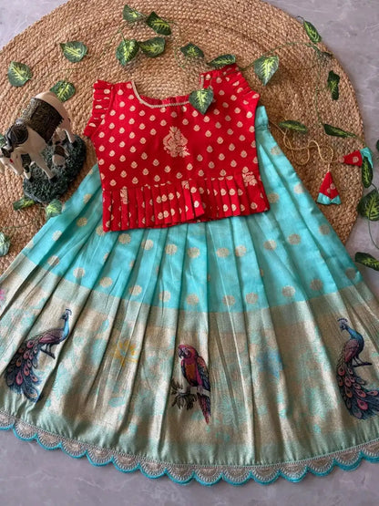 Peacock Grace Kids Lehenga Set - Red & Sky
