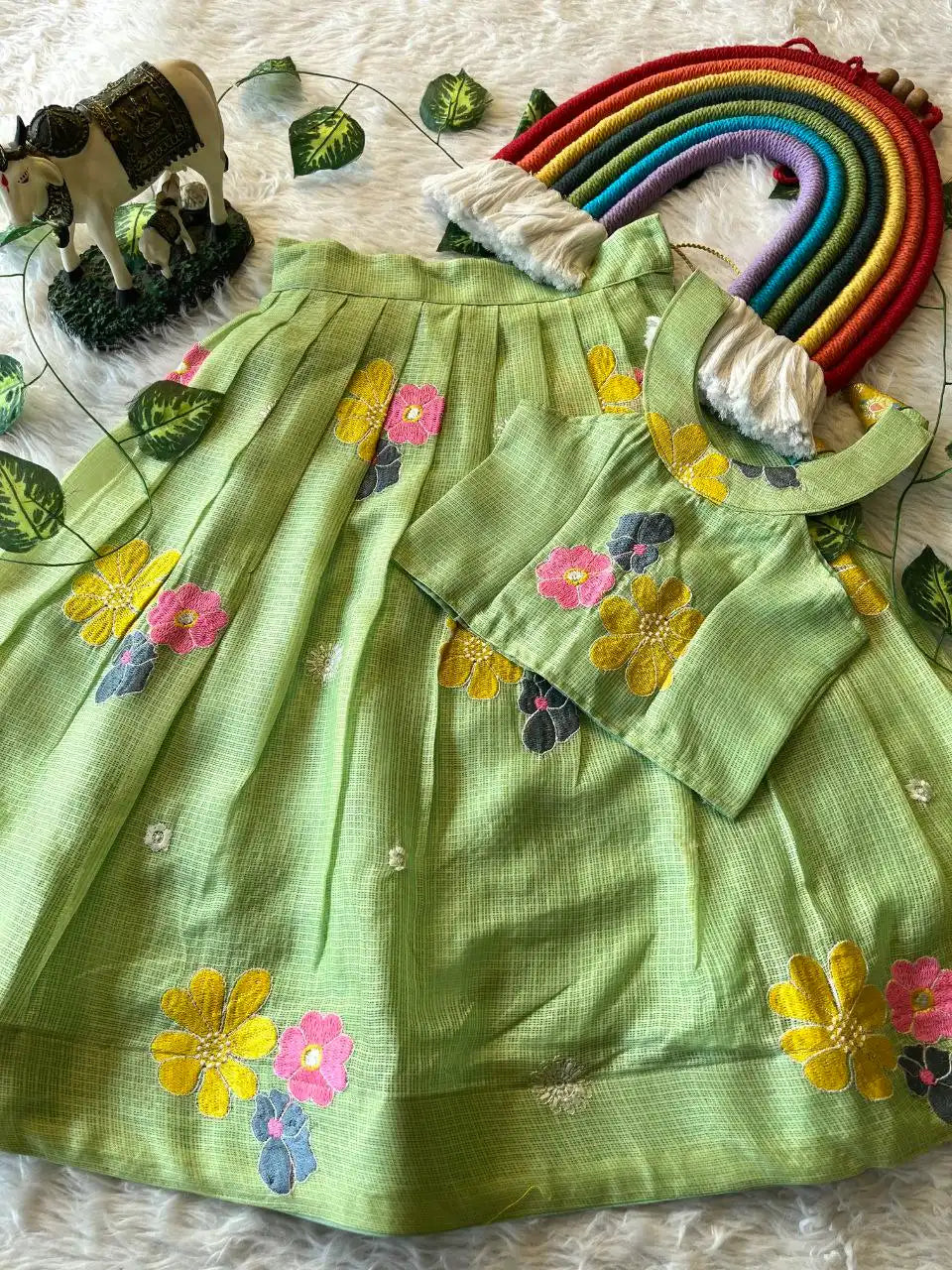 Kids Kota Chex Floral Lehenga Set - Pista