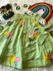 Kids Kota Chex Floral Lehenga Set - Pista