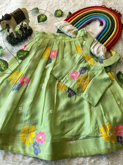 Kids Kota Chex Floral Lehenga Set - Pista