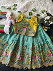 Kids Nature Designer Lehenga Set - Yellow & Sky