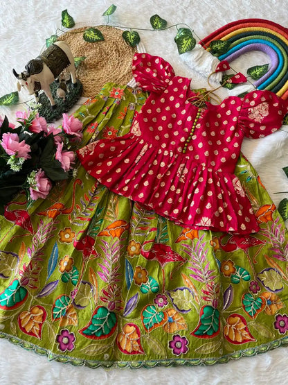 Kids Dola Silk Position Embroidered Lehenga Set - Pink