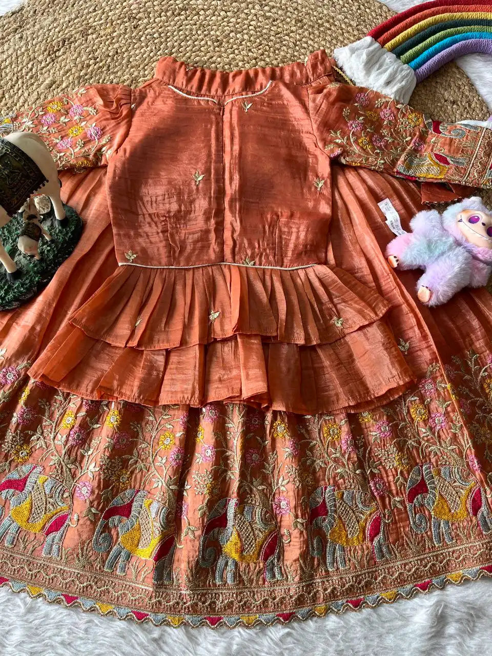 Kids Crush Fabric Elephant Embroidery Lehenga Set - Orange