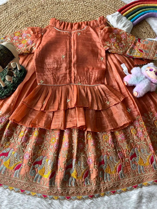 Kids Crush Fabric Elephant Embroidery Lehenga Set - Orange