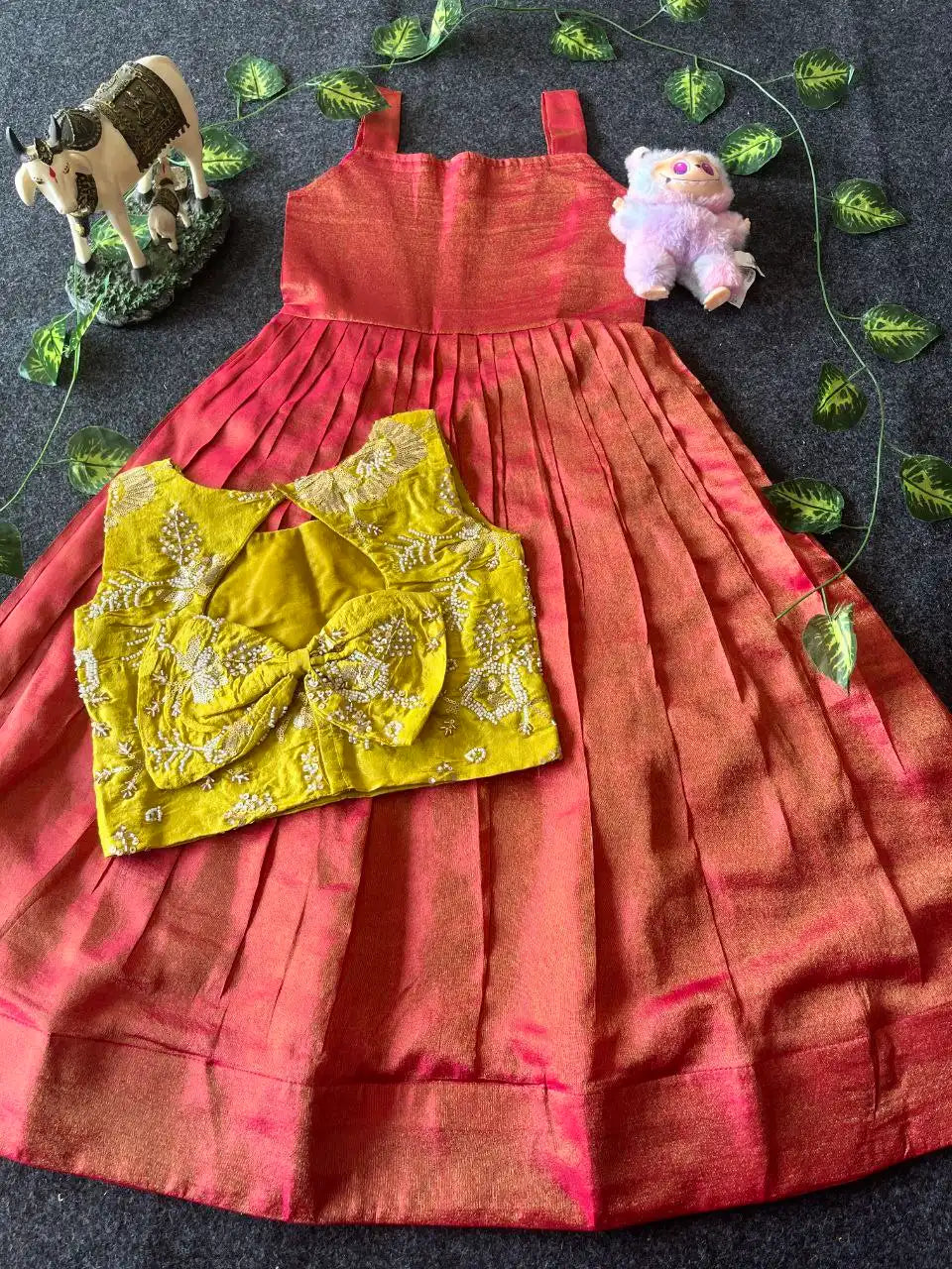 Kids Tissue Gown with Handwork Coat - Red