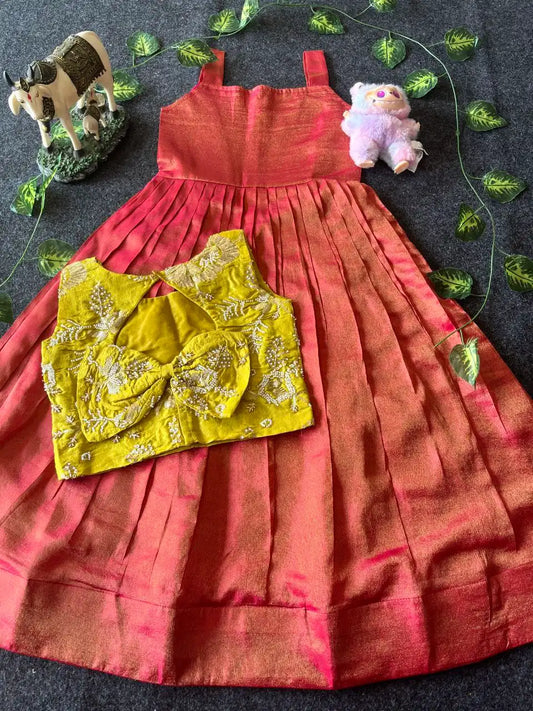Kids Tissue Gown with Handwork Coat - Red