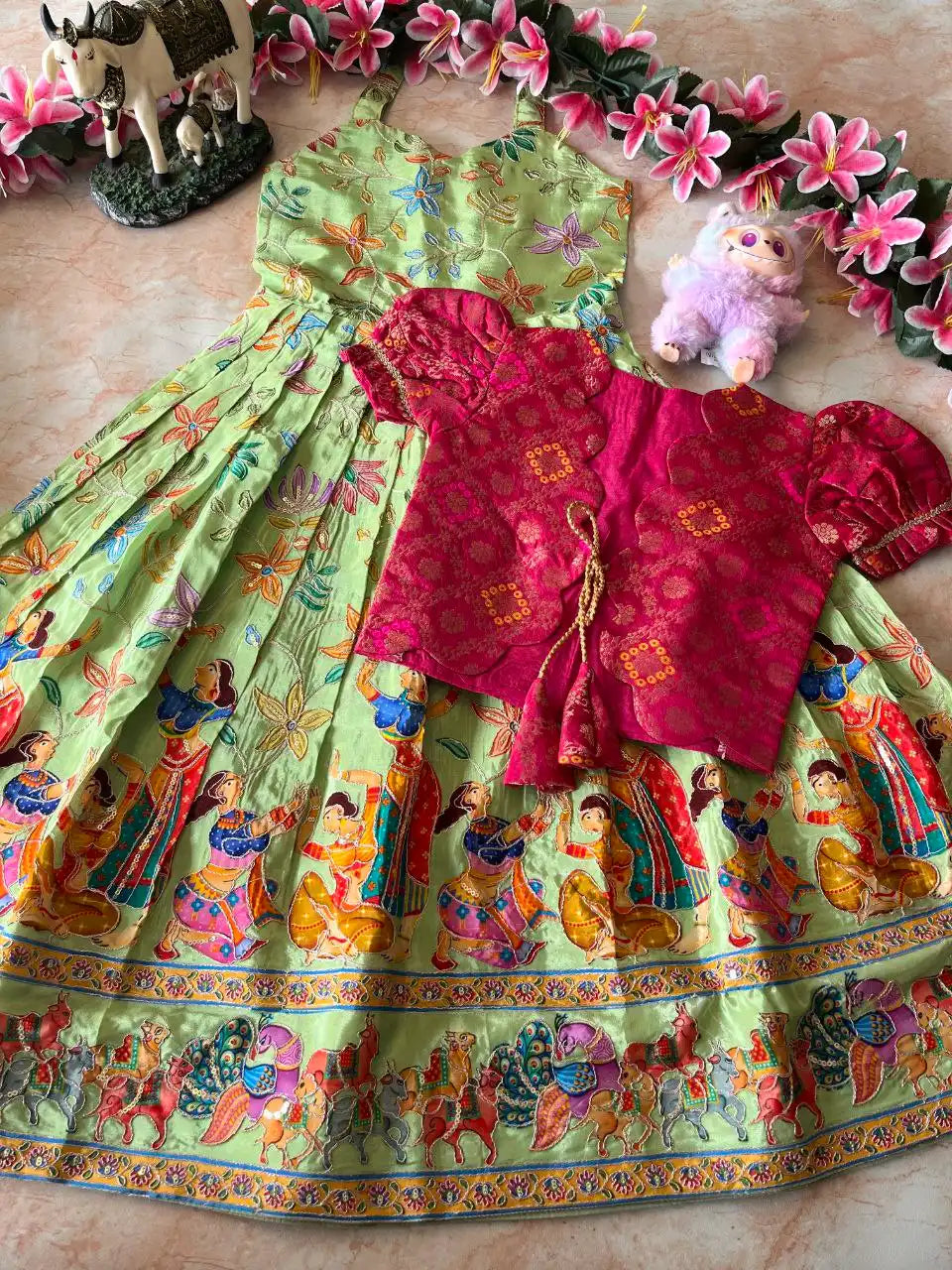 Beautiful Position & Kalamkari Kids Gown with Coat - Pista