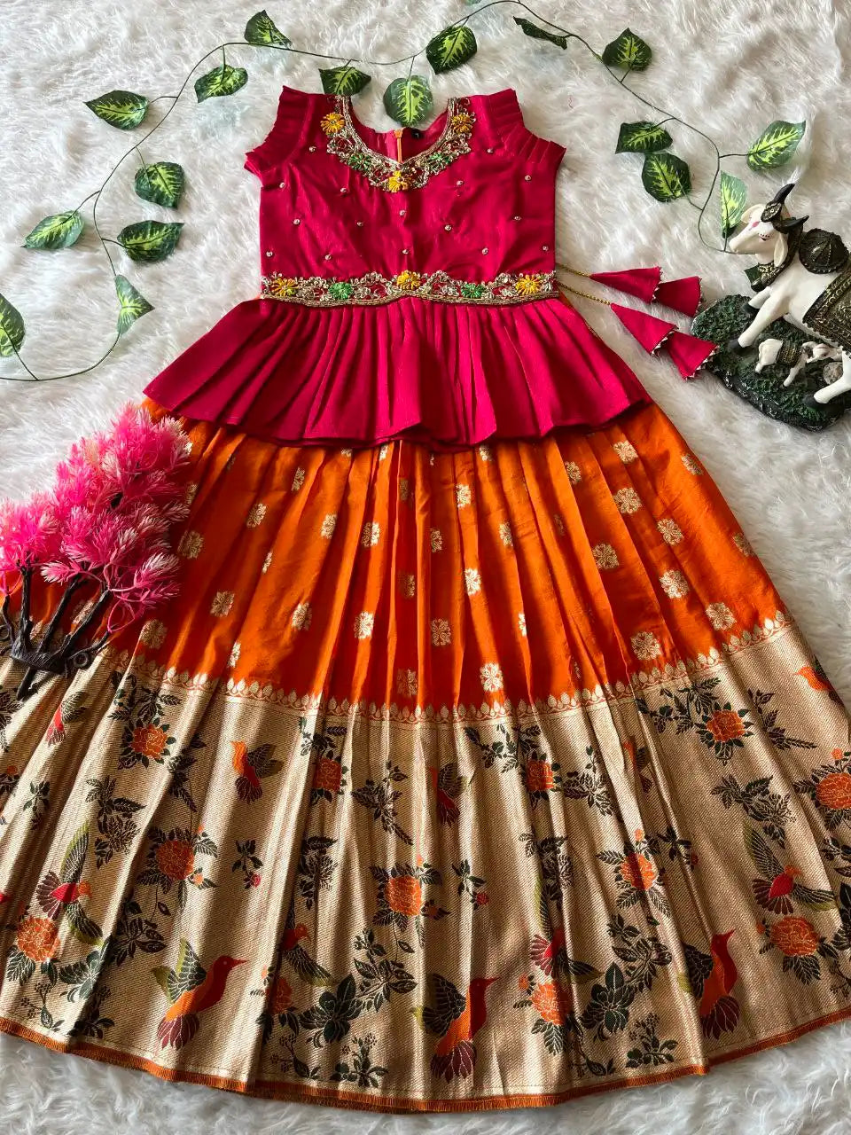 Soft Khadi Georgette Bird Weaving Lehenga - Orange