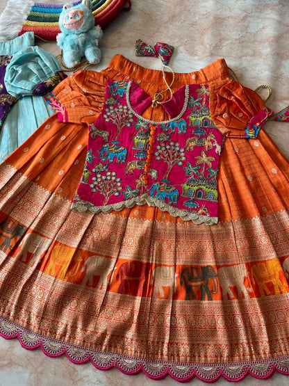 Kids Elephant 3D Weaving Lehenga - Orange