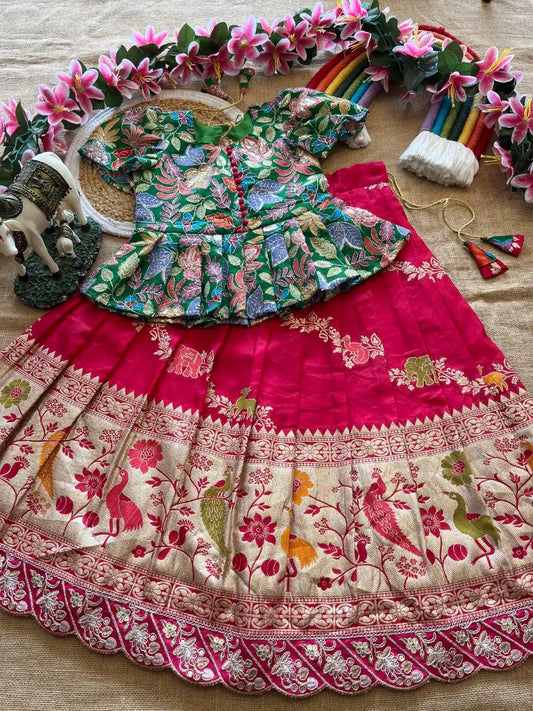 Kids Khadi Silk Animal Theme Weaving Lehenga - Rani Pink