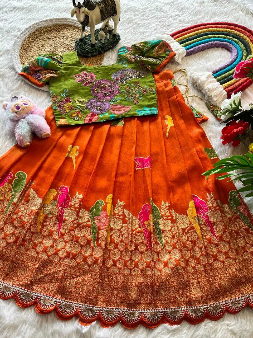 Kids Crepe Position Printed Lehenga - Orange