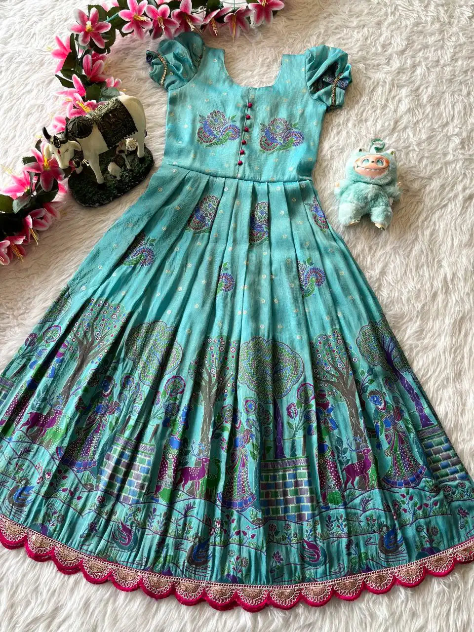 Kids Tissue Silk Paithani Weaving  Gown - Sky