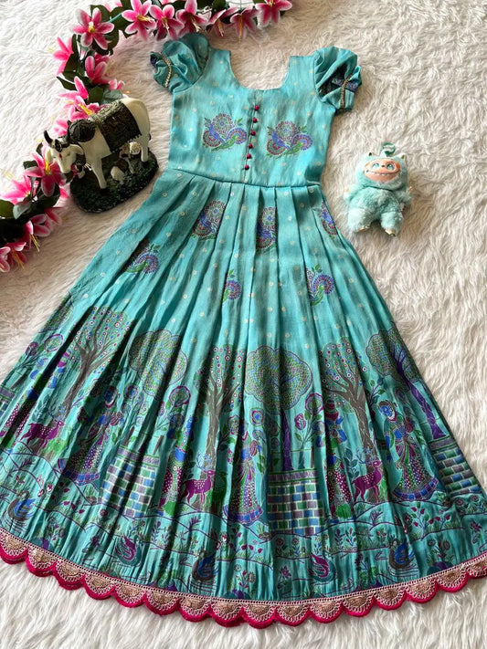 Kids Tissue Silk Paithani Weaving  Gown - Sky