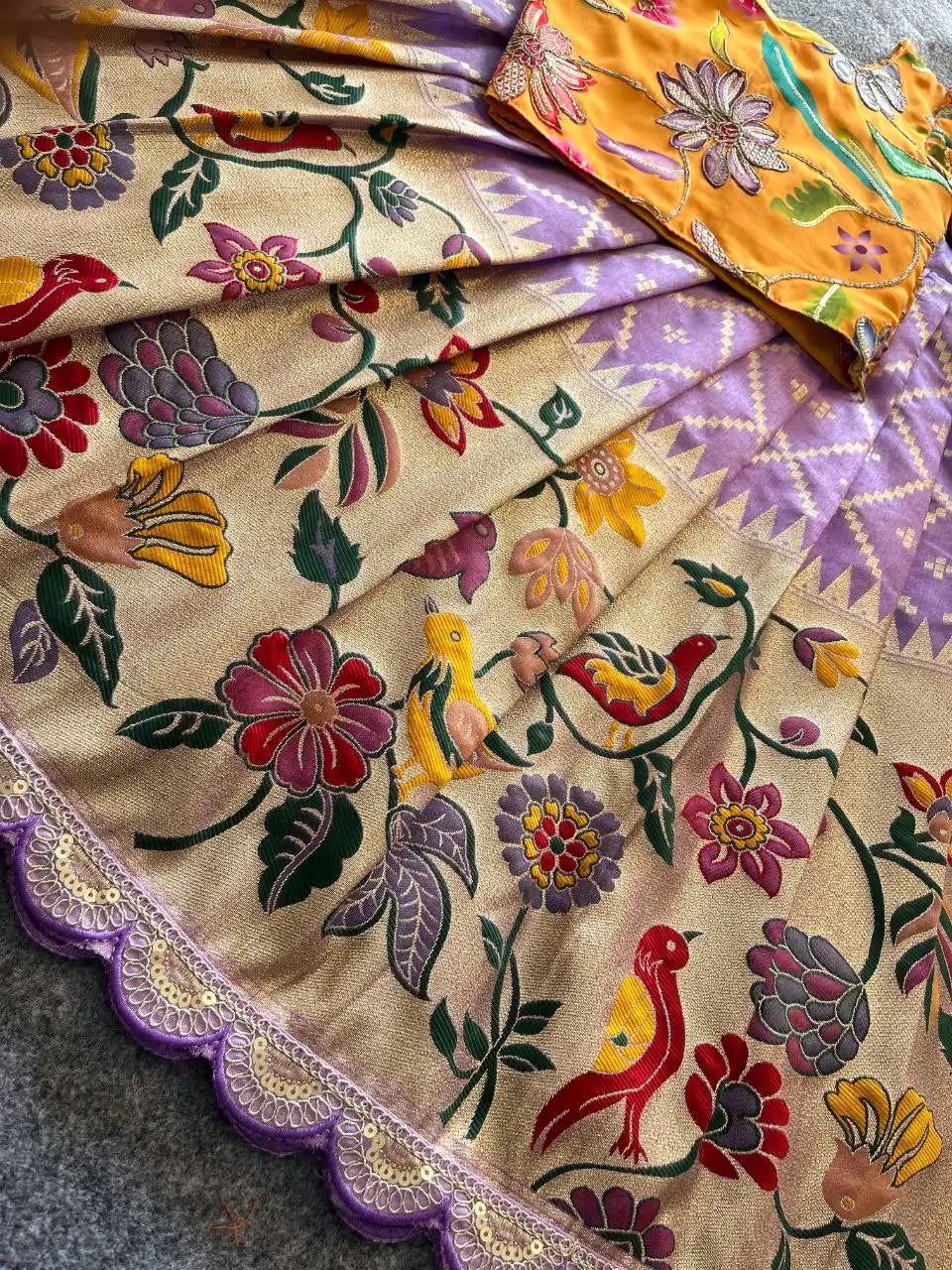 Dola Silk Parrot Meena Weaving Kids Lehenga - Lavender